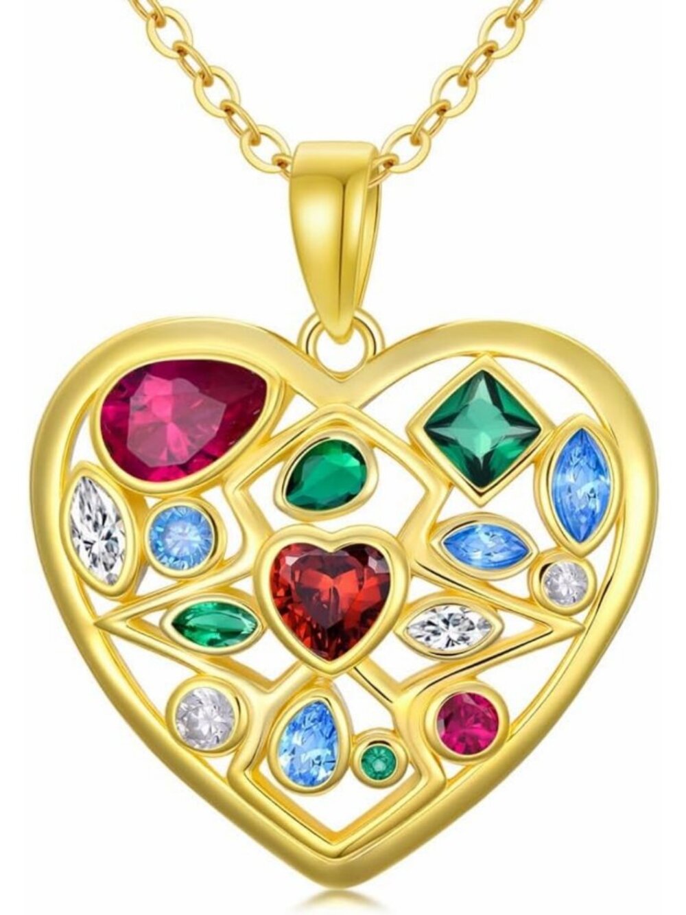 Colorful Gemstone Heart Pendant Necklace | 14K Gold Plated | Multicolor Zirconia